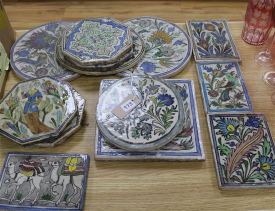 14 Persian pottery tiles, late 19th/early 20th century, various shapes, decorated flowers, figures, birds, etc.